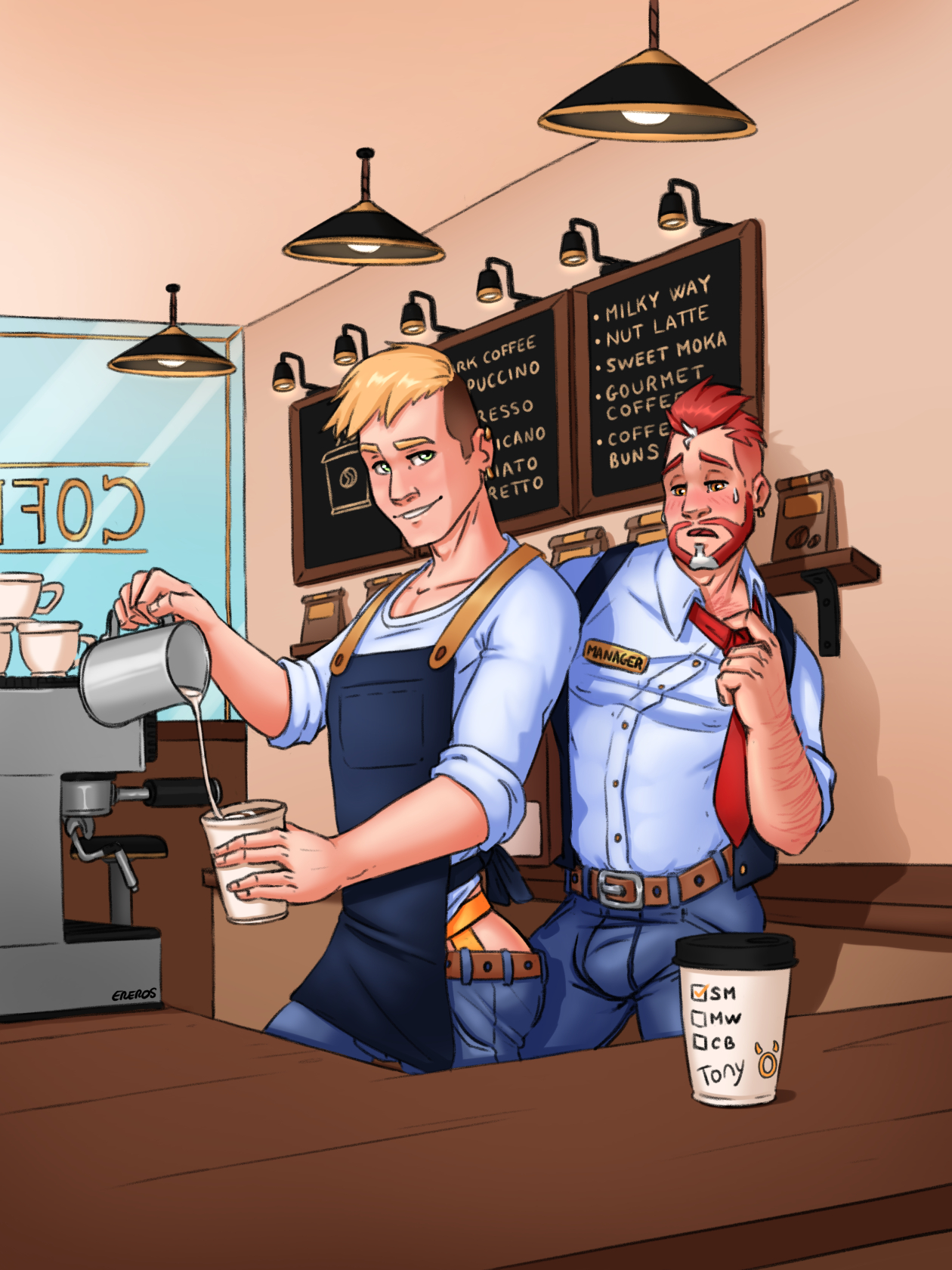 Chris is serving the coffee at the barista shop while is manager is looking at his jockstrap